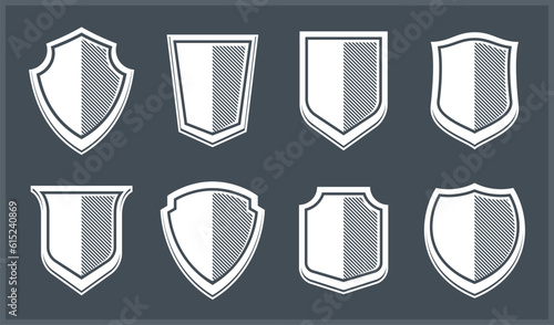 Classic shields vector set, ammo emblems collection, defense and safety icons, empty and blank design elements.