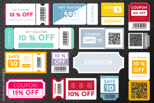 Set of coupon promotion sale. Coupon fashion ticket card. Big sale and super sale coupon discount. Coupon discount. Vector illustration EPS10