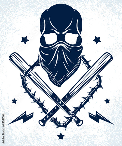 Gang brutal criminal emblem or logo with aggressive skull baseball bats and other weapons and design elements, vector anarchy crime terror retro style, ghetto revolutionary.