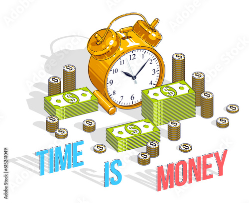 Time is Money concept, table Alarm Clock with cash money stacks and coin piles isolated on white background. Vector 3d isometric business and finance illustration, thin line design.