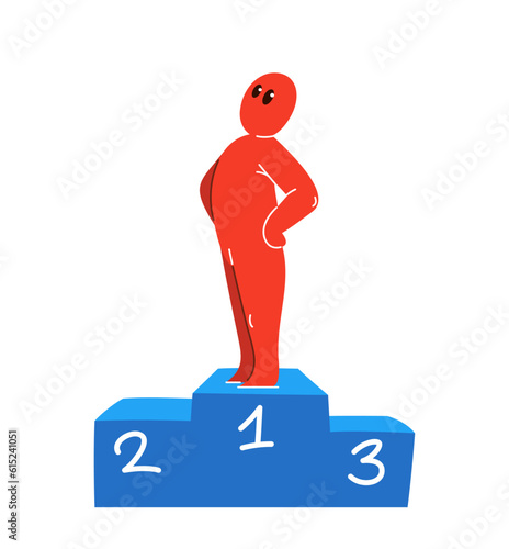 Funny cartoon man standing confident on a pedestal vector flat style illustration isolated on white, cute and positive small guy drawing or icon, champ or successful businessman concept.