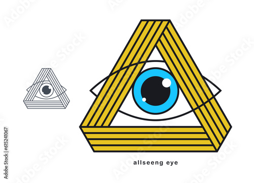 All seeing eye in triangle pyramid vector ancient symbol in modern linear style isolated on white, eye of god, masonic sign, secret knowledge illuminati.