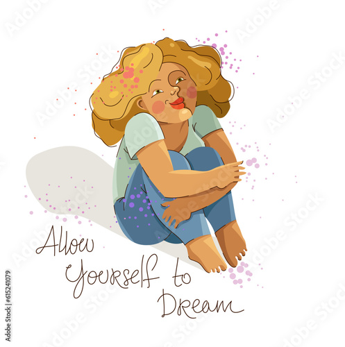 Cute adorable happy woman sitting barefoot on a ground isolated on white, enjoy every moment of life concept, allow yourself to dream, rest and calm, ease and laze.