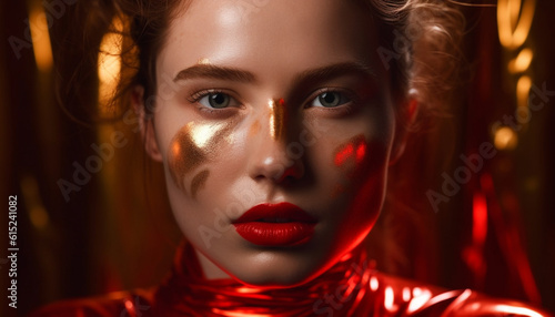 Shiny lipstick illuminates sensuality in young woman close up portrait generated by AI