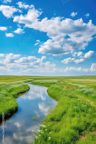 Blue sky and white clouds with gentle river curved. Generative AI