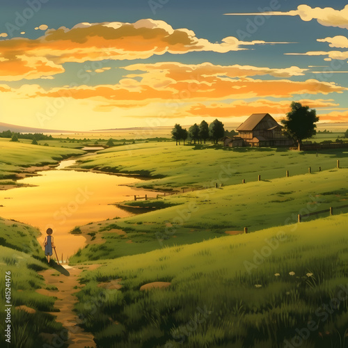 a boy stands next to a lake looking at a sunset over the field. Generative AI