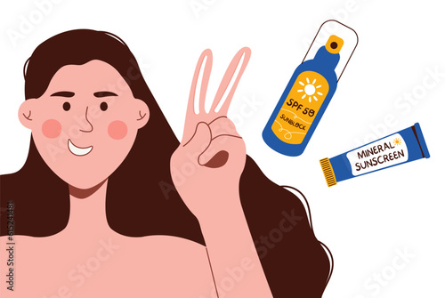 Two fingers rule for sunscreen. Woman apply sunscreen to face. Summer skincare and protection, morning routine concept. Vector illustration isolated on white background