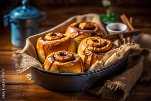  Cinnamon rolls, delicious, on a rustic wooden table.