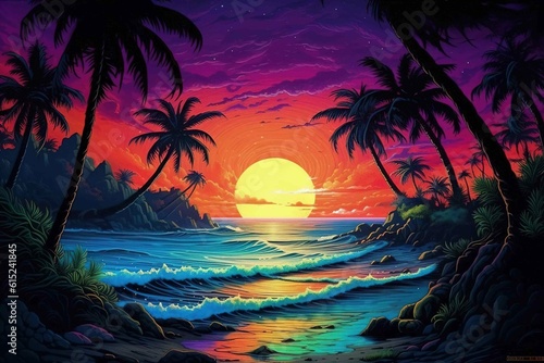 Tropical island, colorful background. Created with generative AI.