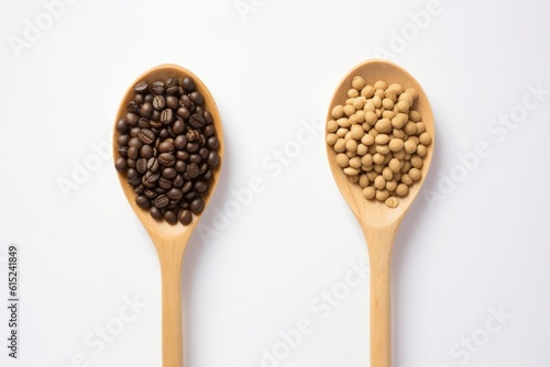 Illustration of two wooden spoons with beans on them on a rustic background