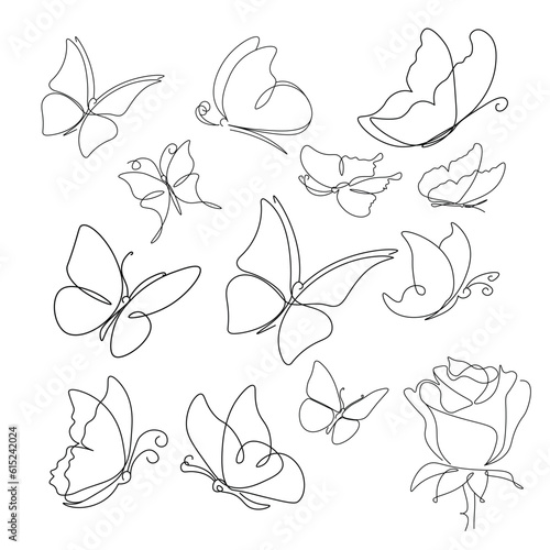 Set of airy linen butterflies, outline and graphic minimalism.