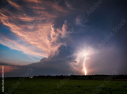 Beautiful and Amazing Supercell Thunderstorm at Sunset with Lightning Strike