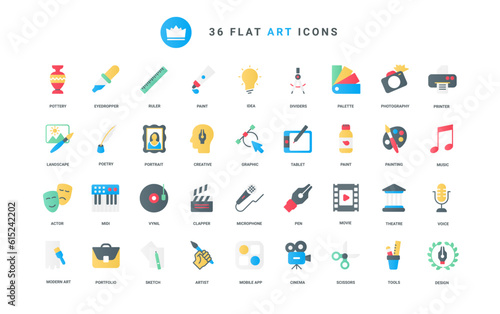 Trendy flat color icons set for art design. Abstract symbols of modern artists portfolio, education tools and graphic technology for creative photography, painting, music vector illustration