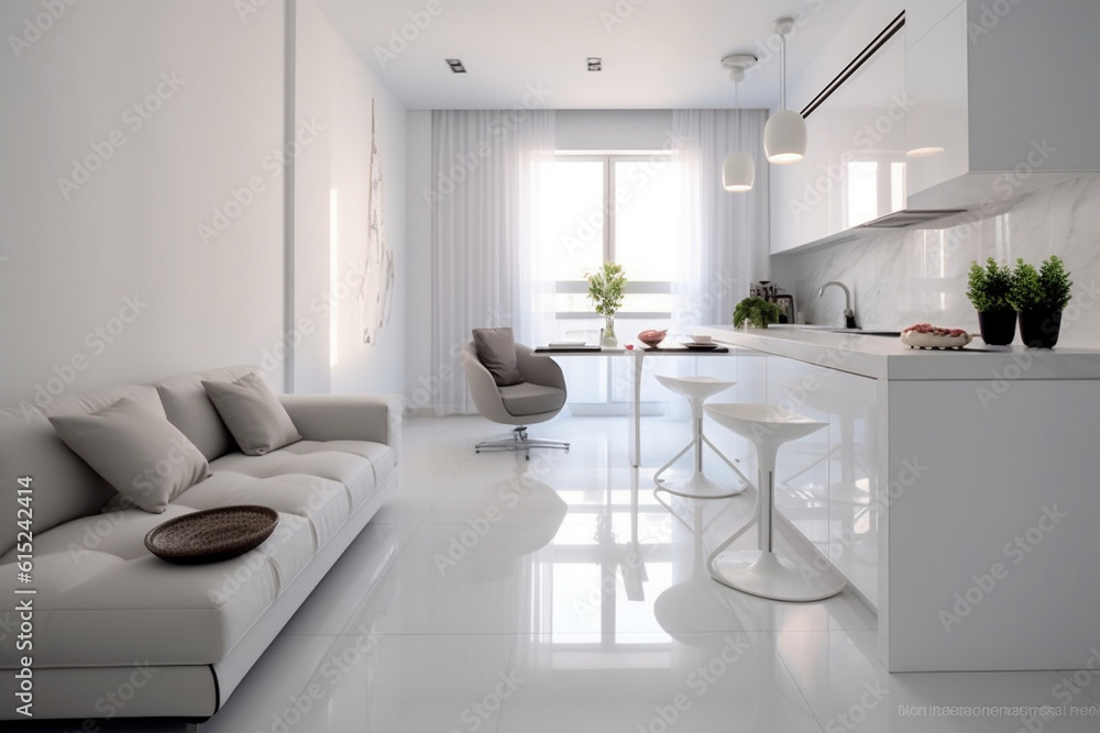Cozy luxury modern interior design of a studio apartment in extra white colors with fashionable expensive furniture in a minimalist style. white tiled floor, kitchen, relaxation area and workplace Cozy luxury modern interior design of a studio apartment in extra white colors with fashionable expensive furniture in a minimalist style. white tiled floor, kitchen, relaxation area and workplace