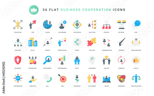 Growth of partnership in corporate team, loyalty in communication and teamwork of employees, success recruitment and leadership. Business cooperation trendy flat icons set vector illustration