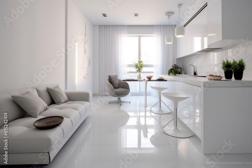 Cozy luxury modern interior design of a studio apartment in extra white colors with fashionable expensive furniture in a minimalist style. white tiled floor, kitchen, relaxation area and workplace © Daniel