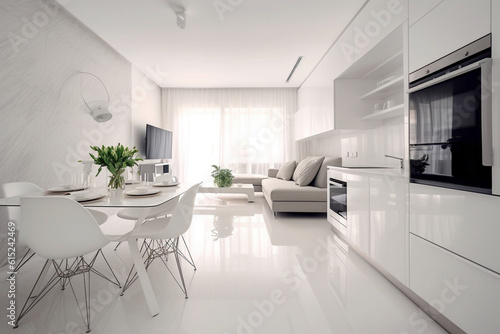 Cozy luxury modern interior design of a studio apartment in extra white colors with fashionable expensive furniture in a minimalist style. white tiled floor  kitchen  relaxation area and workplace