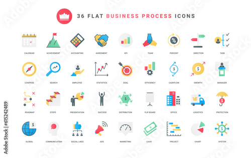 Activity of office employees for project growth, target management and marketing system, statistics charts research career ladder. Business process trendy flat icons set vector illustration
