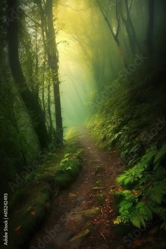 Enchanting forest path enveloped in a ethereal mist