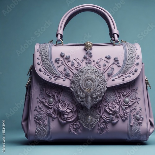 A luxurious handbag, rendered in a soft pastel palette with intricate details