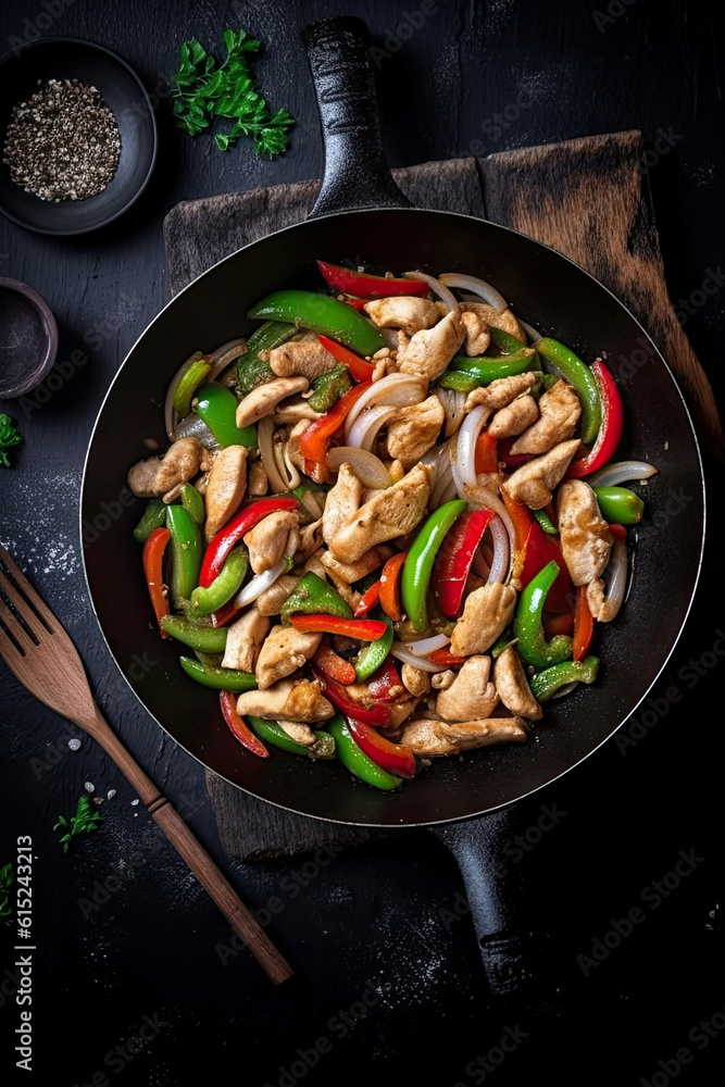 Chicken stir fry with vegetables in the skillet at black stone background. Top view wie. Copy space. AI. 6 - obrazy, fototapety, plakaty 