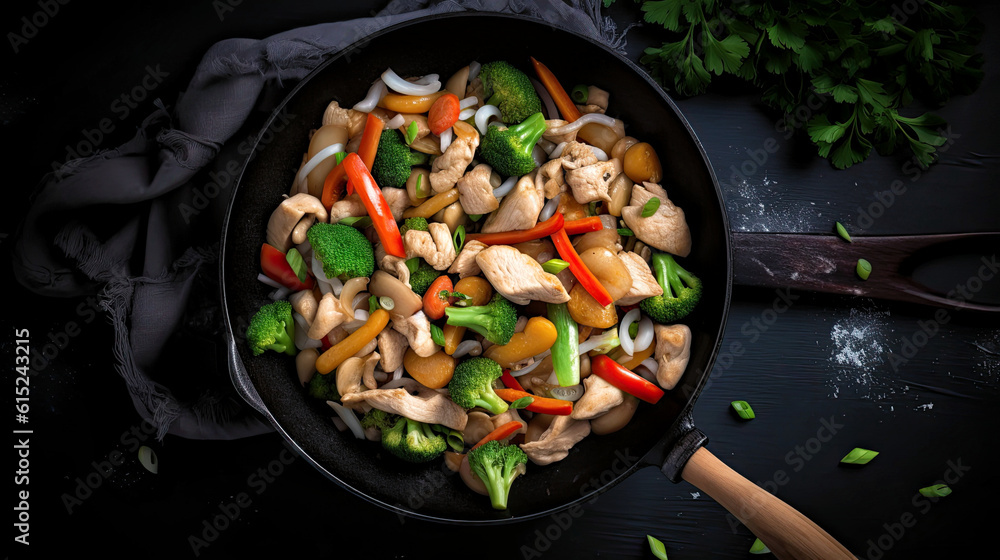 Chicken stir fry with vegetables in the skillet at black stone background. Top view wie. Copy space. AI. 3