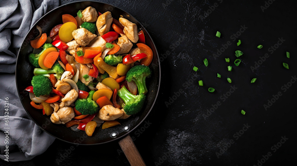 Chicken stir fry with vegetables in the skillet at black stone background. Top view wie. Copy space. AI. (1) - obrazy, fototapety, plakaty 