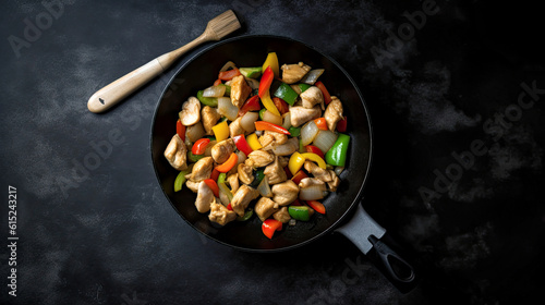 Chicken stir fry with vegetables in the skillet at black stone background. Top view wie. Copy space. AI. 2
