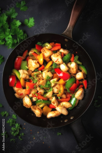 Chicken stir fry with vegetables in the skillet at black stone background. Top view wie. Copy space. AI. 5