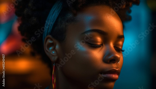 African American woman with glowing smile enjoys serene indoor relaxation generated by AI