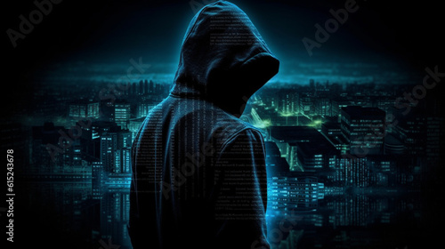 Hacker with a hoodie on a black background made with AI generative technology