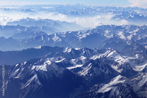 Breathtaking aerial view of the Indian and Nepalese Himalayas, featuring snow-covered Mt. Everest and other majestic peaks. A mesmerizing snapshot captured during a scenic flight from Delhi to Leh. © Tenzin & Li