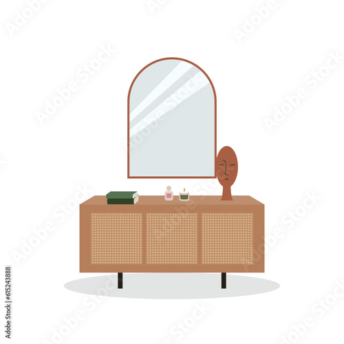 Cabinet with mirror and home decor. Vector flat illustration on isolated background. Scandinavian style interior furniture and decor