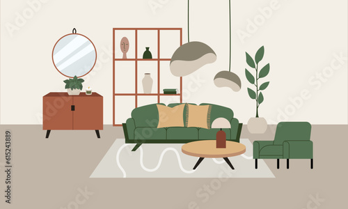 Living room with sofa, cabinet, plants and other decor. Interior design modern furniture vector flat illustration in scandinavian or japandi minimal style. 