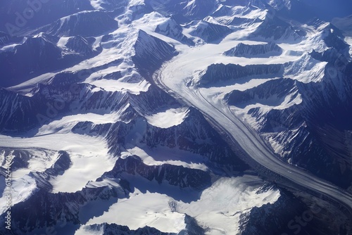 Stunning aerial shot of a glacier in the Indian Himalayas near Leh, taken during a flight from Leh to Delhi.