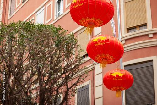 Red chinese lanterns in chinatown in the center of the city
