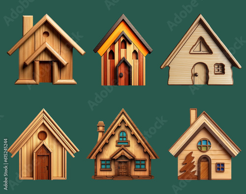 set of houses, wooden house logo made of wood