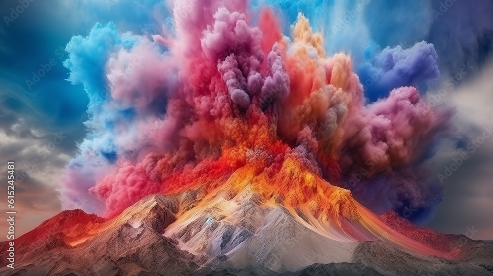 Abstract colorful landscape of a huge exploding volcano, eruption of ...