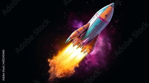 Space rocket flying toward the clouds believable rocket icon. Having a successful company concept