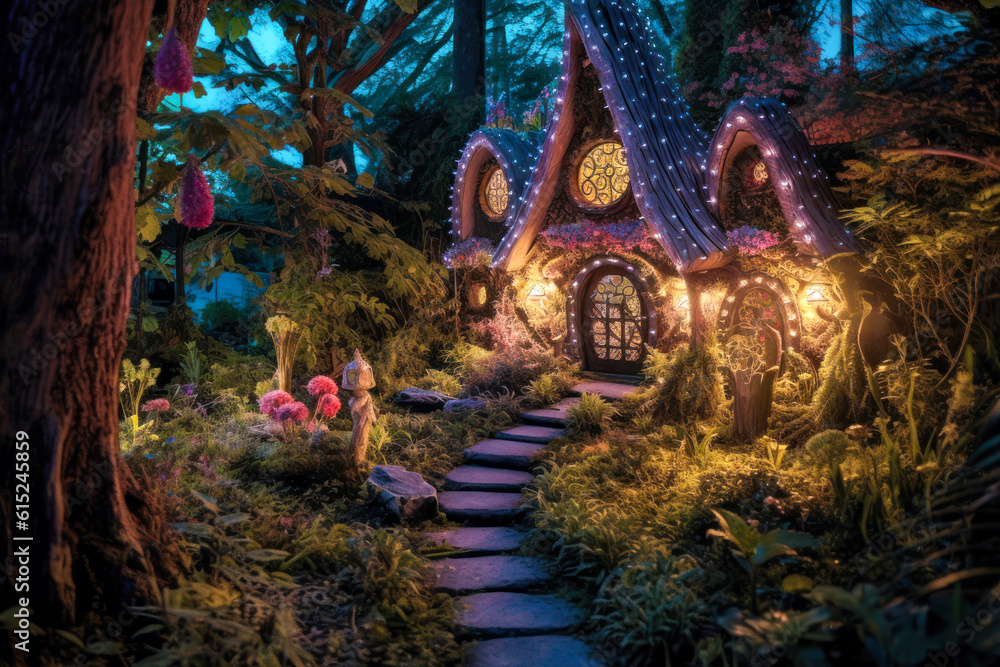 Miniature fairy house, night, resin decor, miniature model making. Generative AI