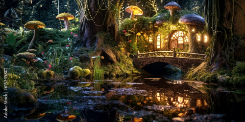 Miniature fairy house on water pond, night, resin decor, miniature model making, wide. Generative AI © Sunshower Shots