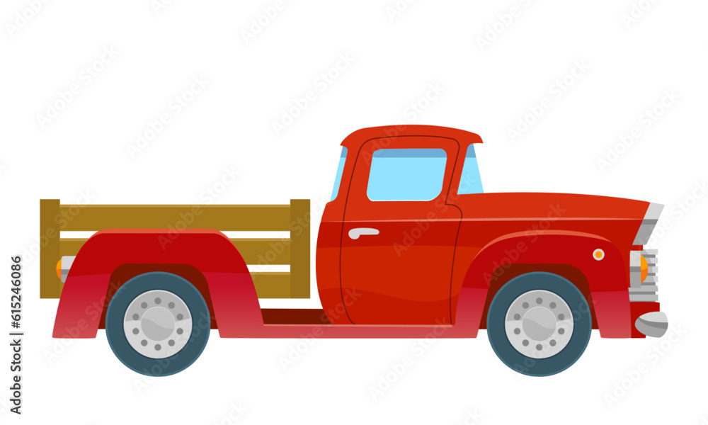 Red truck isolated on white background in cartoon style for print and design. Vector illustration.