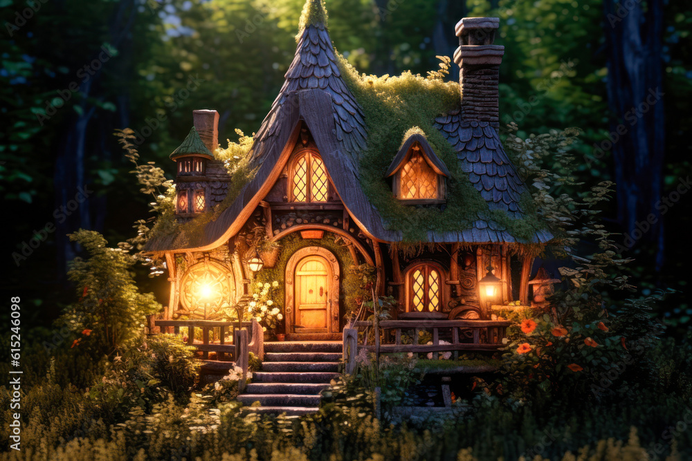Fototapeta premium Miniature fairy house, night, resin decor, miniature model making. Generative AI