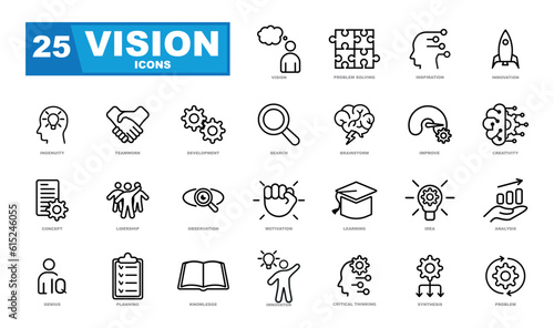 A set of vector graphics on the theme of vision, innovation, showcasing various elements such as lightbulbs, gears, circuit boards, and futuristic technology. Perfect for a website or infographic