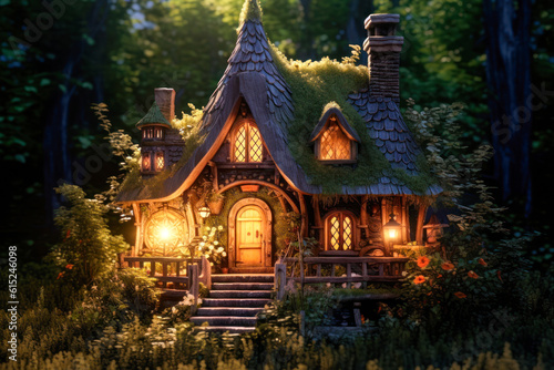 Miniature fairy house, night, resin decor, miniature model making. Generative AI © Sunshower Shots
