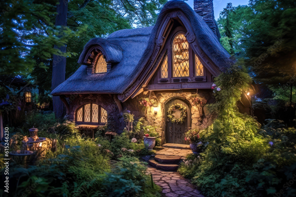 Miniature fairy house, night, resin decor, miniature model making. Generative AI Miniature fairy house, night, resin decor, miniature model making. Generative AI