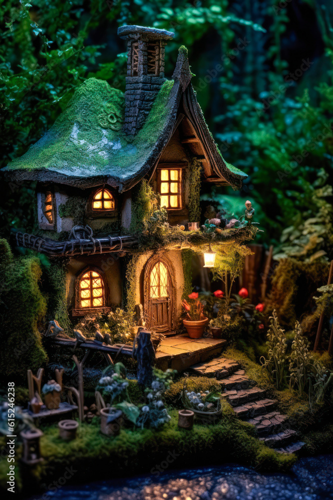 Miniature fairy house, night, resin decor, miniature model making, vertical. Generative AI
