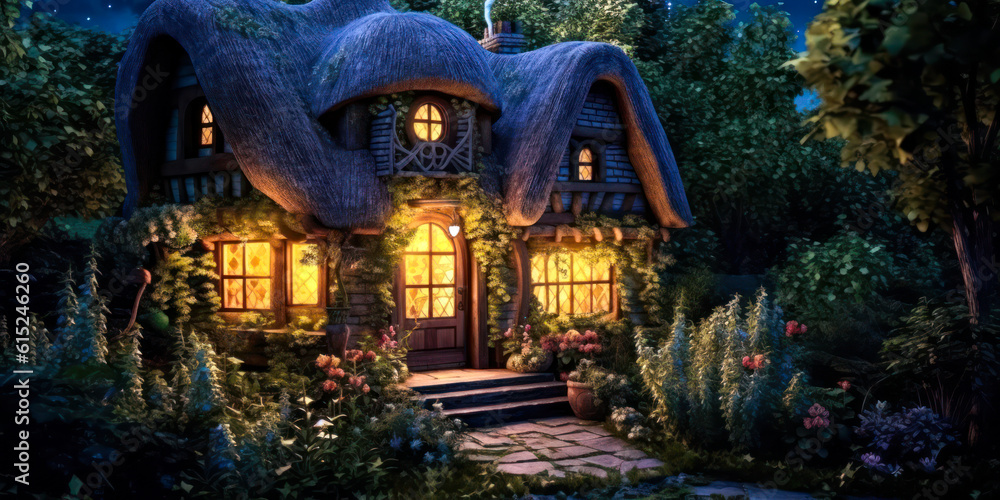 Obraz premium Miniature fairy house, night, resin decor, miniature model making, wide. Generative AI