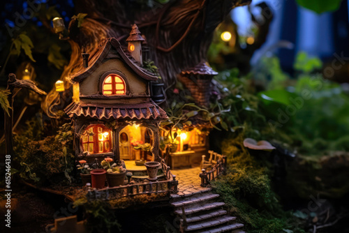Miniature fairy house, night, resin decor, miniature model making. Generative AI