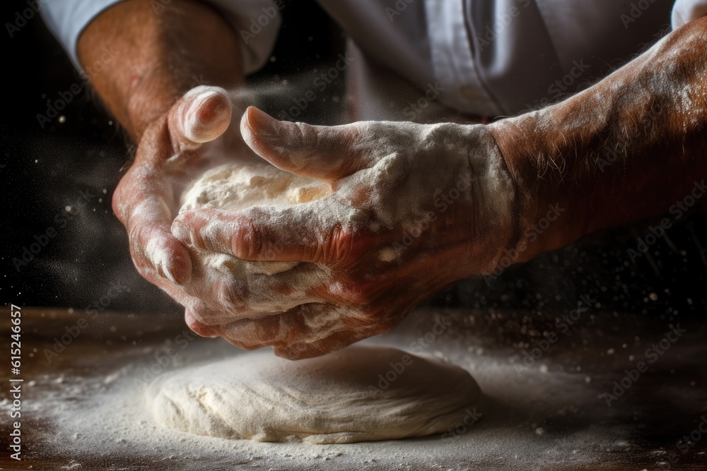 The baker's hands dusting flour on raw dough. Generative AI